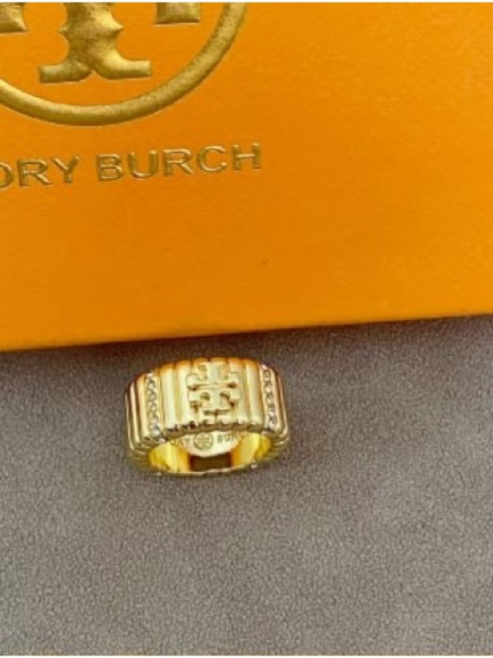 Tory Burch Gold Ribbed Logo Statement Ring SIZE8